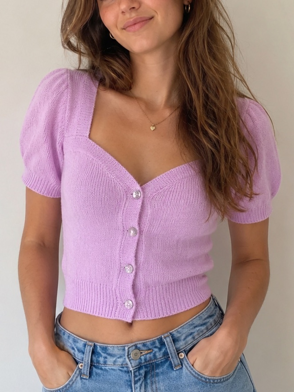 ASTR Pink Puff Sleeve Cardigan Jeweled Buttons Coquette Cottagecore Top S - Picture 1 of 5